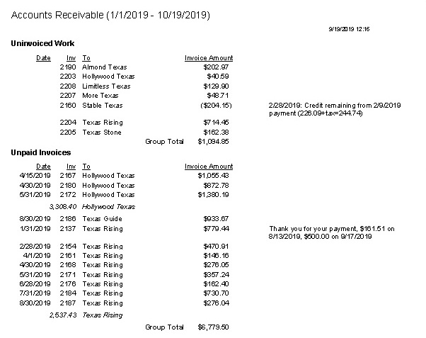 Access Accounts Receivable Report for lawn landscaping pest sales in Dallas Collin TX