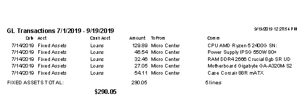 Microsoft General Ledger Transactions Report for fencing company in Dallas Collin TX