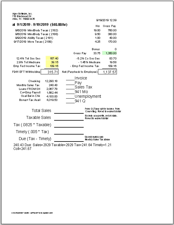 Database Payroll w/Tax Report for onsite inspection business in Garland Richardson TX