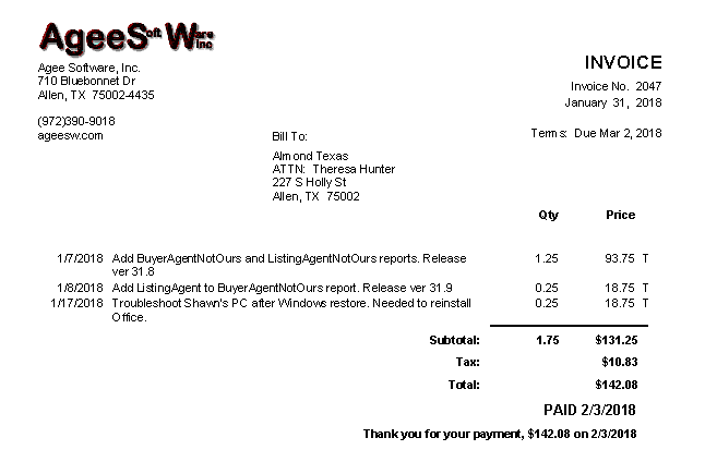 Invoice for McKinney Dallas Allen Richardson Plano TX