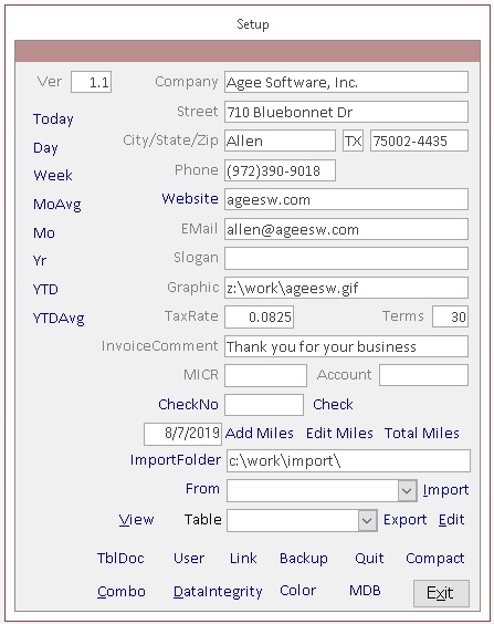 Microsoft Access Setup Form for software development company Dallas Collin TX