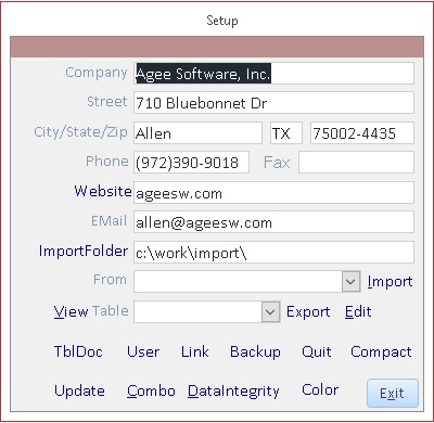 Microsoft Access Setup Form for software development company Dallas Collin TX