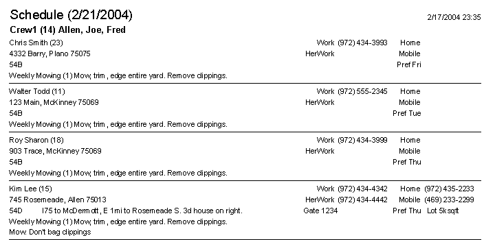 Daily schedule for mowing service