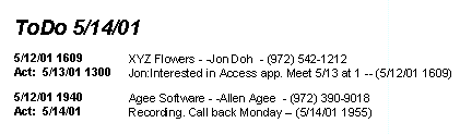 Access ToDo Report for phone service sales in Dallas Collin TX